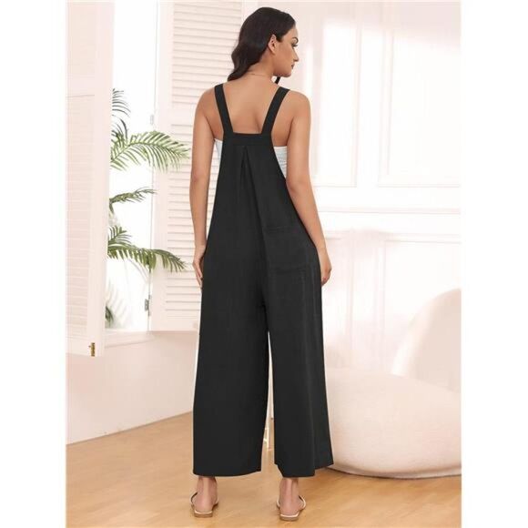 Wide Leg Jumpsuits Casual Bib Summer Rompers Jumpers, Sleeveless Straps, Pockets - Picture 4 of 5